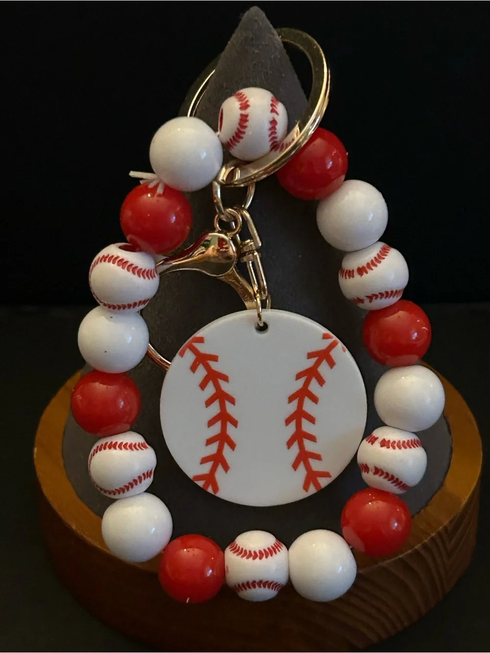 Red and White Baseball ⚾️ Beaded Wrist Keyring Bag Charm Keychain w/Gold Clasps